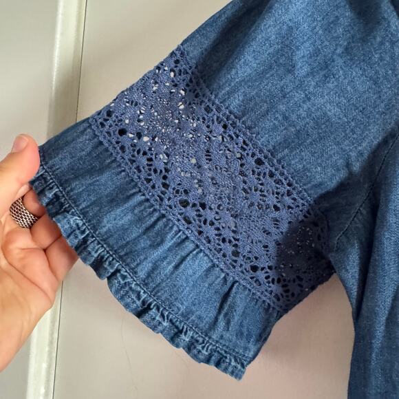 New Gap x LoveShackFancy Denim Tiered Midi Dress Blue Ruffle Button Sz M - Picture 5 of 10